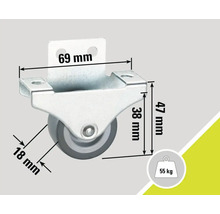 Rotiță pentru mobilă cu carcasă și dimensiunile 69 mm, 47 mm și 18 mm, capacitate portantă 55 kg