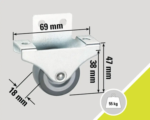 Rotiță pentru mobilă cu carcasă și dimensiunile 69 mm, 47 mm și 18 mm, capacitate portantă 55 kg