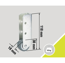 Rotilă pentru mobilă cu dimensiunile de 118 mm înălțime, 38 mm adâncime și 18 mm diametru roată, capacitate portantă 45 kg