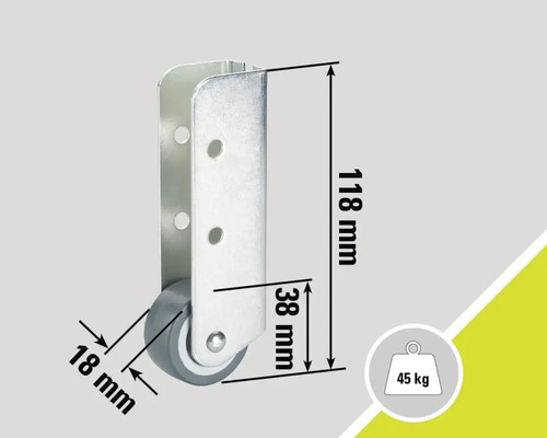 Rotilă pentru mobilă cu dimensiunile de 118 mm înălțime, 38 mm adâncime și 18 mm diametru roată, capacitate portantă 45 kg