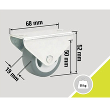 Roată pivotantă cu dimensiunile 68 mm x 52 mm și o capacitate portantă de 55 kg