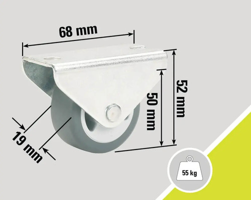 Roată pivotantă cu dimensiunile 68 mm x 52 mm și o capacitate portantă de 55 kg