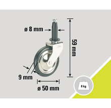 Rotiță pentru mobilă cu tijă, diametru 50 milimetri și capacitate portantă 8 kilograme