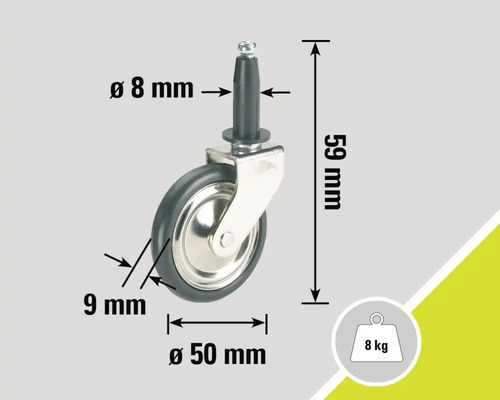 Rotiță pentru mobilă cu tijă, diametru 50 milimetri și capacitate portantă 8 kilograme