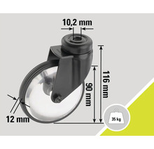 Rată cu dimensiunile 116 mm înălțime, 90 mm diametru roată, 10,2 mm diametru știft și 12 mm lățime roată, sarcină maximă 35 kg