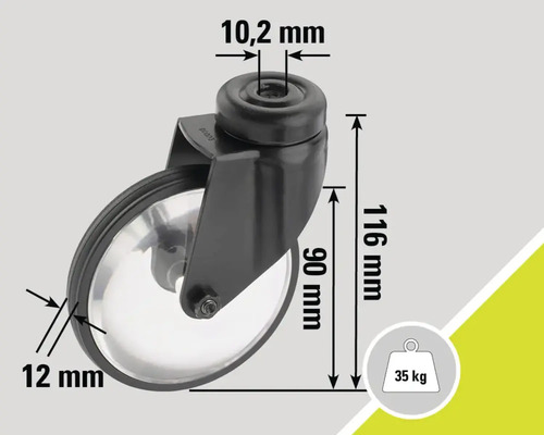 Rată cu dimensiunile 116 mm înălțime, 90 mm diametru roată, 10,2 mm diametru știft și 12 mm lățime roată, sarcină maximă 35 kg