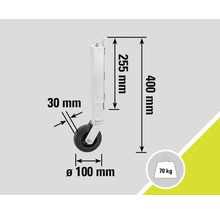 Desen tehnic al unei roți de sprijin cu dimensiuni: lungime totală 400 mm, înălțimea tijei metalice 255 mm, lățimea tijei metalice 30 mm, diametrul roții 100 mm și sarcină maximă 70 kg.