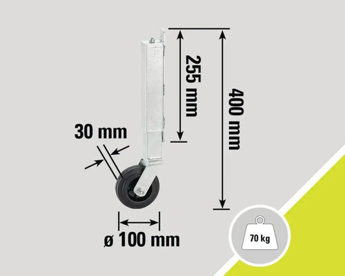 Desen tehnic al unei roți de sprijin cu dimensiuni: lungime totală 400 mm, înălțimea tijei metalice 255 mm, lățimea tijei metalice 30 mm, diametrul roții 100 mm și sarcină maximă 70 kg.