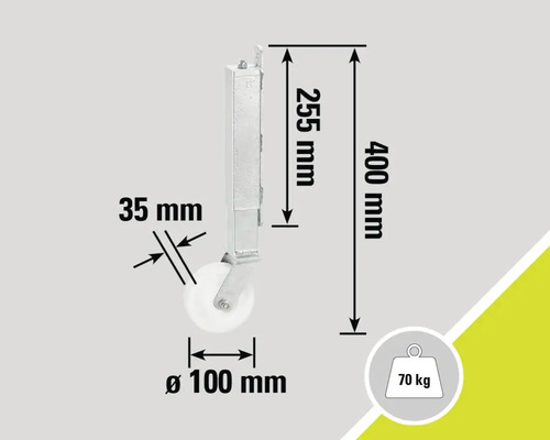 Desen tehnic al unei roți de sprijin cu dimensiuni și o sarcină maximă de 70 de kilograme