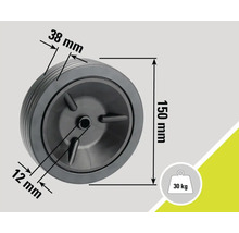 Roată cu dimensiunile 150 mm înălțime, 38 mm lățime bandă de rulare, orificiu ax de 12 mm și sarcină maximă 30 kg