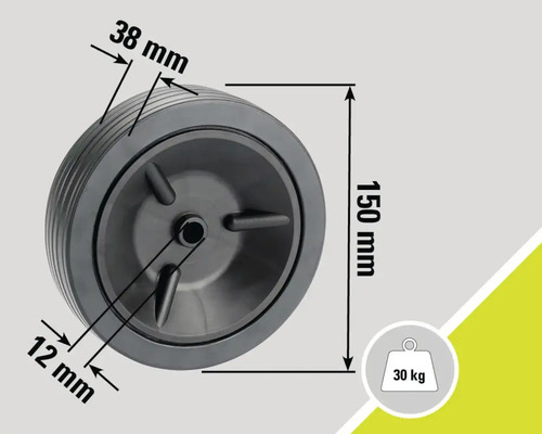Roată cu dimensiunile 150 mm înălțime, 38 mm lățime bandă de rulare, orificiu ax de 12 mm și sarcină maximă 30 kg