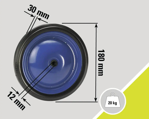 Roată cu dimensiunile: 180 mm înălțime, 30 mm lățime, 12 mm adâncime, sarcină maximă 20 kg