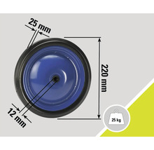 Roată cu dimensiunile de 220 mm în diametru, lățime anvelopă de 25 mm și alezaj de 12 mm pentru o sarcină maximă de 25 kg