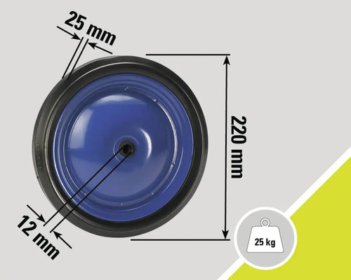 Roată cu dimensiunile de 220 mm în diametru, lățime anvelopă de 25 mm și alezaj de 12 mm pentru o sarcină maximă de 25 kg