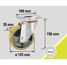 "Roată pivotantă cu dimensiunile plăcii de montare de 100 mm pe 100 mm, diametrul roții de 125 mm, lățimea roții de 35 mm și înălțimea de construcție de 156 mm