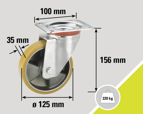 "Roată pivotantă cu dimensiunile plăcii de montare de 100 mm pe 100 mm, diametrul roții de 125 mm, lățimea roții de 35 mm și înălțimea de construcție de 156 mm