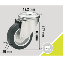 Roată pivotantă cu dimensiunile de 12,2 mm, 25 mm, 80 mm și 107 mm, sarcină maximă 50 kg