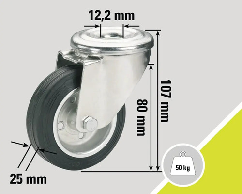 Roată pivotantă cu dimensiunile de 12,2 mm, 25 mm, 80 mm și 107 mm, sarcină maximă 50 kg