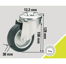 Roată pivotantă cu dimensiunile de 12,2 mm, 30 mm, 100 mm și 128 mm, sarcină maximă 75 kg