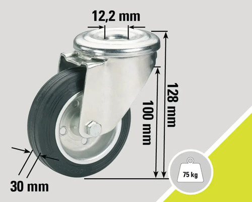 Roată pivotantă cu dimensiunile de 12,2 mm, 30 mm, 100 mm și 128 mm, sarcină maximă 75 kg
