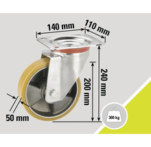 Roată pivotantă cu dimensiunile de 140 mm pe 110 mm, o lățime a roții de 50 mm și o capacitate portantă de 300 kg.