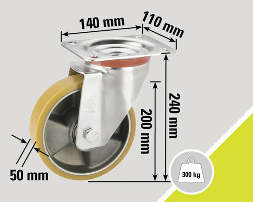 Roată pivotantă cu dimensiunile de 140 mm pe 110 mm, o lățime a roții de 50 mm și o capacitate portantă de 300 kg.