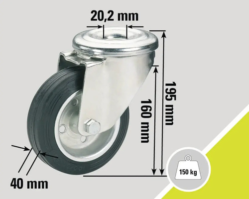 Rotiță pivotantă cu dimensiunile: diametru roată 40 mm, diametru orificiu 20,2 mm, proeminență 160 mm și înălțime 195 mm, capacitate portantă 150 kg