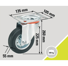 Roată pivotantă cu dimensiunile 135 mm, 105 mm, 260 mm și 55 mm, capacitate portantă 250 kg