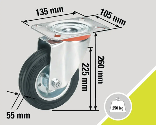 Roată pivotantă cu dimensiunile 135 mm, 105 mm, 260 mm și 55 mm, capacitate portantă 250 kg