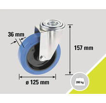 Rotiță pivotantă cu dimensiunile diametru 125 mm, lățime roată 36 mm și înălțime de construcție 157 mm, capacitate portantă 200 kg