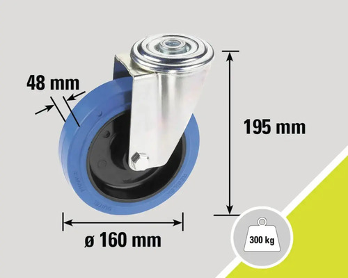 Roată pivotantă cu diametrul de 160 mm, lățimea roții de 48 mm și capacitatea portantă de 300 kg