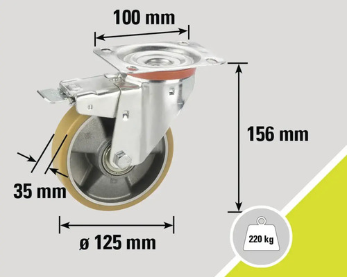Roată pivotantă cu frână, diametru roată 125 mm, capacitate portantă 220 kg