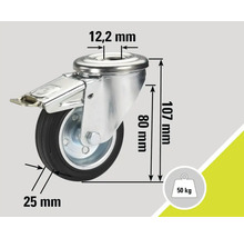 Roată pivotantă cu frână și indicații dimensionale: 12,2 mm, 25 mm, 80 mm, 107 mm și capacitate portantă de 50 kg