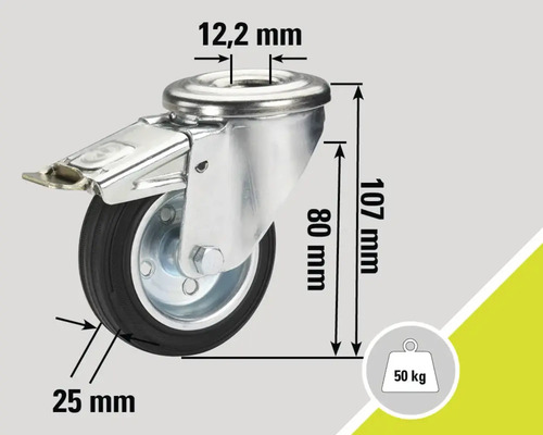 Roată pivotantă cu frână și indicații dimensionale: 12,2 mm, 25 mm, 80 mm, 107 mm și capacitate portantă de 50 kg