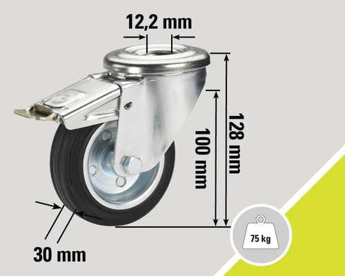 Rotiță pivotantă cu frână, dimensiuni 128 mm înălțime, diametru roată 30 mm, capacitate portantă 75 kilograme