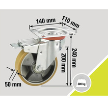 Roată pivotantă cu frână și indicații de dimensiuni: placă de montaj 140 mm x 110 mm, înălțime 240 mm, diametru roată 200 mm, lățime roată 50 mm, capacitate portantă 300 kg