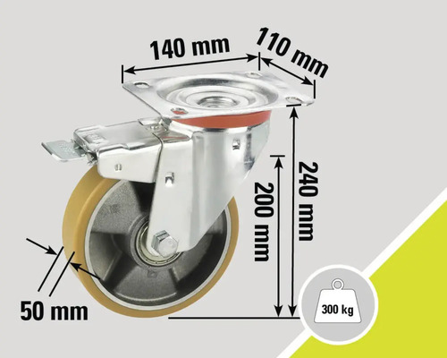 Roată pivotantă cu frână și indicații de dimensiuni: placă de montaj 140 mm x 110 mm, înălțime 240 mm, diametru roată 200 mm, lățime roată 50 mm, capacitate portantă 300 kg