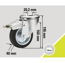Rotiță pivotantă cu frână, dimensiuni 195 mm înălțime, 40 mm diametrul roții, 20,2 mm distanța găurilor, capacitate portantă 150 kg
