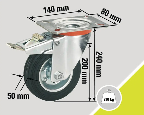 Rotiță pivotantă cu frână și specificații dimensionale: înălțime de 240 mm, capacitate portantă de 210 kilograme