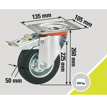 Roată pivotantă cu blocare și indicații de dimensiuni: 135 mm, 105 mm, 260 mm, 225 mm, 50 mm, capacitate portantă 250 kg