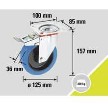 Roată pivotantă cu frână și indicații de dimensiuni
