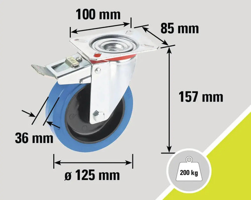 Roată pivotantă cu frână și indicații de dimensiuni
