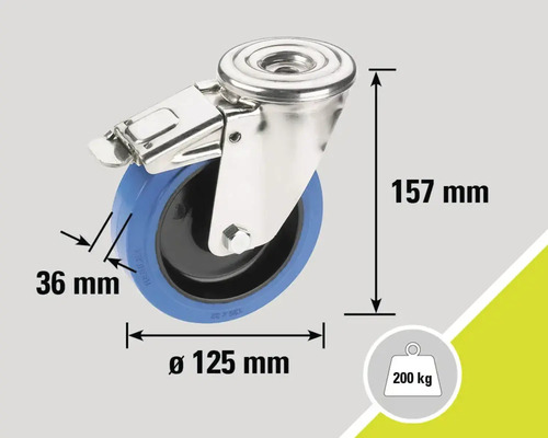 Roată pivotantă cu frână și dimensiunile 157 mm înălțime, 125 mm diametru și 36 mm lățime anvelopă, capacitate portantă 200 kg