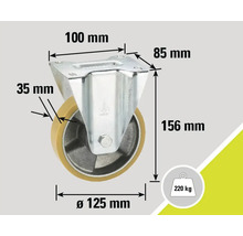 Roată pivotantă cu dimensiunile 100 mm pe 85 mm, diametrul roții 125 mm, lățimea roții 35 mm, înălțimea de construcție 156 mm și capacitatea de încărcare de 220 kg