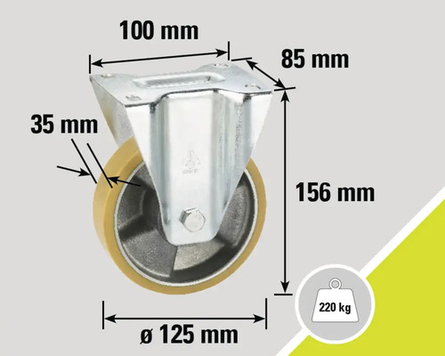 Roată pivotantă cu dimensiunile 100 mm pe 85 mm, diametrul roții 125 mm, lățimea roții 35 mm, înălțimea de construcție 156 mm și capacitatea de încărcare de 220 kg