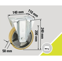 Imagine cu role cu indicații de dimensiuni: 140 mm, 110 mm, 240 mm, 200 mm, 50 mm. Capacitate maximă de încărcare 300 kg.