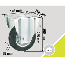 Roată pivotantă cu dimensiunile 140 mm x 110 mm și o capacitate de încărcare de 250 kg