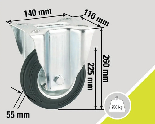 Roată pivotantă cu dimensiunile 140 mm x 110 mm și o capacitate de încărcare de 250 kg