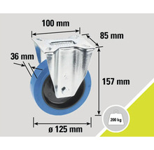 Roată pivotantă cu dimensiunile de 100 mm pe 85 mm, diametrul roții de 125 mm, înălțimea de construcție de 157 mm și capacitatea portantă de 200 kg
