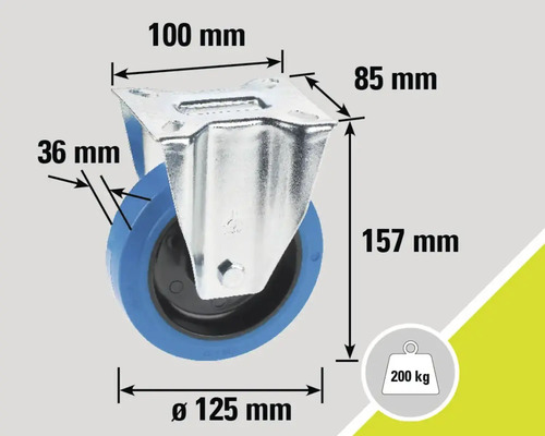 Roată pivotantă cu dimensiunile de 100 mm pe 85 mm, diametrul roții de 125 mm, înălțimea de construcție de 157 mm și capacitatea portantă de 200 kg